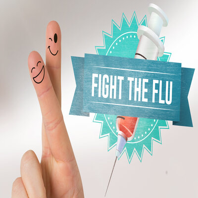 Ad that has a needle/shot and faces drawn on the back side of someones index and middle fingers. Fight The Flu.